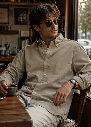 Фірмова чоловіча вельветова сорочка в бежево-коричневий колір massimo dutti