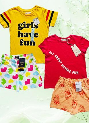 Летний костюм для девочки 116см, ovs, h&amp;m, 5-6роков, стильный комплект для девочки, футболка+шорты детские, хлопок
