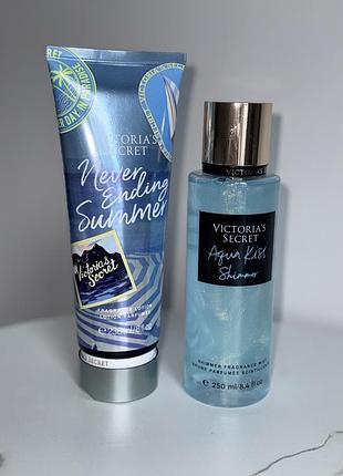 Набір victoria’s secret💙лосьйон для тіла+спрей з блискітками парфумований