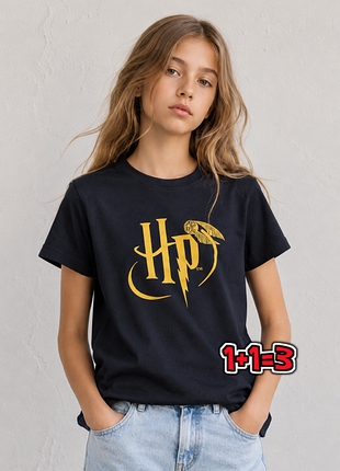 🎁1+1=3 базовая темно-синяя натуральная футболка harry potter на девочку 9 - 10 лет