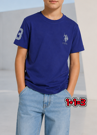 🌿1+1=3 фірмова синя натуральна футболка u.s. polo assn на хлопчика 8 - 10 років