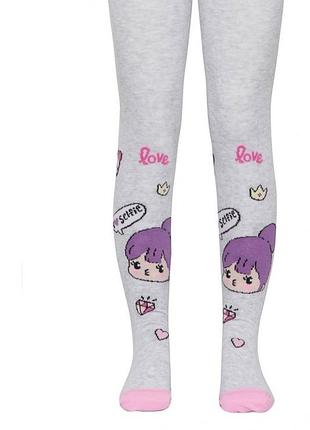 Колготки детские conte-kids tip-top (514) хлопковые с рисунком ’i love selfie’ 104-110, светло-серый
