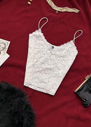 Ніжний мереживний топ майка від h&m divided білий еластичний напівпрозорий зручний класичний на xs - s в ідеальному стані