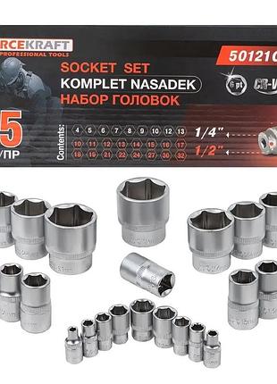Набор головок в металлическом кейсе 25пр. 1/2'', 1/4'' (6-гр.) | 57683 | forcekraft