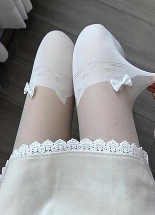 Колготки білі з котиком та бантиком kawaii lolita coquette