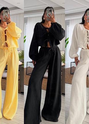 Жіночий костюм з мусліну літній oversize сорочка та штани батал
