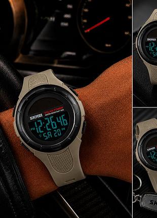 Мужские часы skmei 1405kh khaki спортивный стиль цифровой дисплей dual time будильник календарь подсветки el водозащита 5 atm