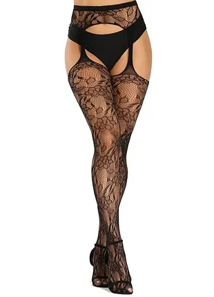 Колготы с имитацией чулок в сеточку капронки цветочный орнамент one size 87538 колготки с пражами и открытым доступом