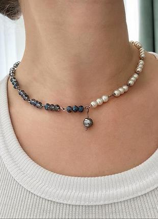 Кольє із штучних перлів та кришталю, 45 см, handmade