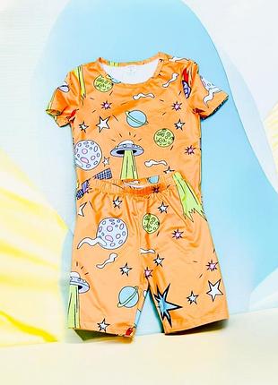 Shein летний комплект одежды для мальчика состоит из футболки и шорт с космическим принтом на 8 лет