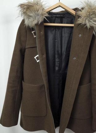 Шерстяное пальто с меховым капюшоном на молнии короткое полупальто8 фото