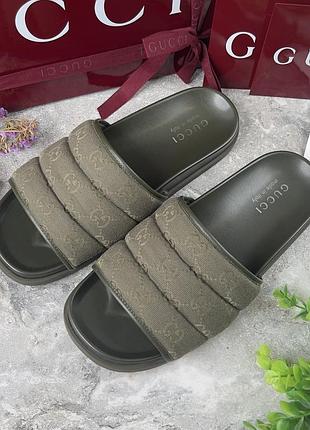 Gucci gg monogram quilted slide sandals green canvas fabric чоловічі шльопанці оригінал 41 eur