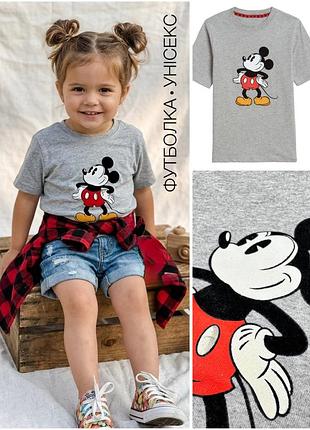 1+1=3 🌿 бавовняна футболка disney mickey mouse 2-3 р 92-98 сіра меланж міккі маус з оксамитовим принтом для хлопчика чи дівчинки унісекс