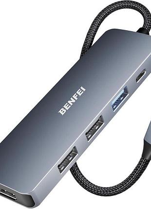 Usb-c концентратор, хаб benfei 5-в-1 з 4k hdmi, 3 usb-a 3.2 gen2 10 гбіт/с, 100 вт pd, силіконовий плетений кабель, алюмінієвий