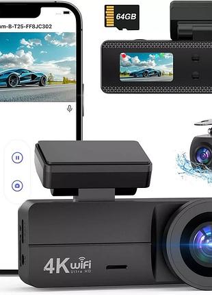 4k відеореєстратор спереду та ззаду, wifi відеореєстратор з картою пам'яті 64 гб, відеореєстратор 4k+1080p