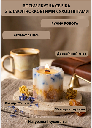Свеча ароматическая парафиновая арома свечка ручной работы декоративная свеча ароматизированная из парафина с деревянным фитилем с голубо желтыми сух…