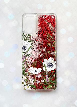 Чехол с плавающими блестками на samsung galaxy a03s (a037) красный :: цветы полевые (принт 363)