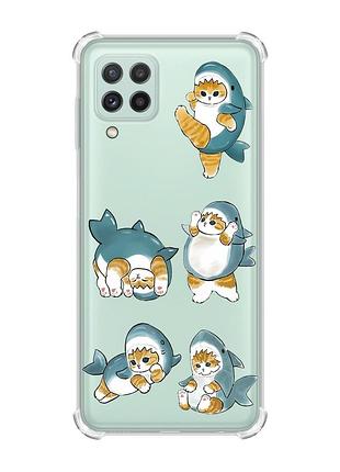 Чехол с утолщёнными углами на samsung galaxy m32/a22/m22 4g :: котенки акулы (принт 381)