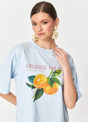 Жіноча блакитна футболка orange state з принтом цитрусів, 100% бавовна