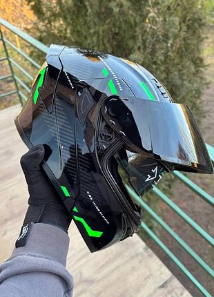 Мото шолом модуляр (трансформер) orlvs helmets зелений, тонований візер, з окулярами l + подарунки: балаклава, чохол