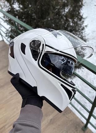 Мото шолом модуляр (трансформер) orlvs helmets білий, прозорий візер, з окулярами l + подарунки: балаклава, чохол