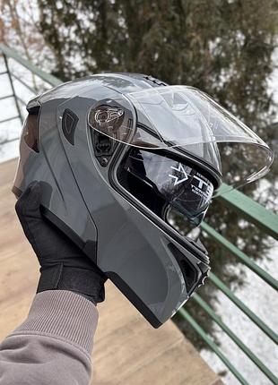 Мото шолом модуляр (трансформер) orlvs helmets сірий, прозорий візер, з окулярами xl + подарунки: балаклава, чохол