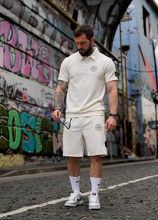 Комплект мужской летний футболка + шорты stone island summer white! костюм мужественный летний белый стоун айленд! жатой трикотаж! размеры м-3хл!