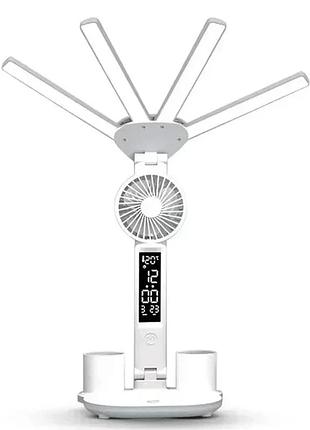 Настольная led лампа krx-1011 с вентилятором, часами и подставкой • аккумуляторный светильник с дисплеем, сенсорным управлением