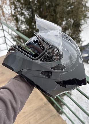 Мото шолом модуляр (трансформер) orlvs helmets сірий, прозорий візер, з окулярами l + подарунки: балаклава, чохол