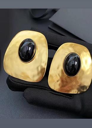Масивні золоті s🖤l сережки з чорним каменем позолота 18k тренд 2026
