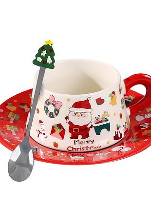 Рождественская чашка "merry christmass" санта-клаус jjx005 кружка с блюдцем с ложечкой новогодняя в подарочной упаковке red