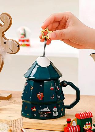Рождественская чашка "merry christmass" елка кружка в форме новогодней елки в подарочной упаковке green