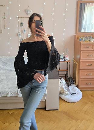 Блуза чорна кружевна s / кружевна кофтинка / блуза жатка