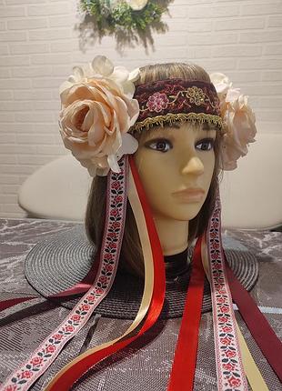 Венок на голову, челце на голову с лентами, этно украшение ручной работы, украинские украшения ручной работы, этно стиль