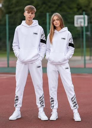 Спортивный костюм puma унисекс белый, худи и штаны-джоггеры