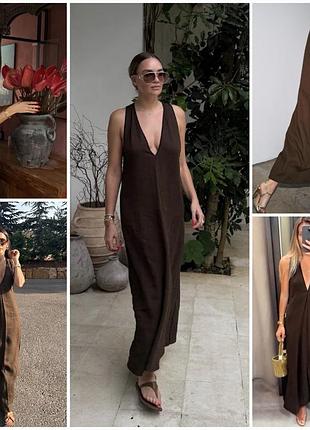 Zara zw collection стильна сукня-сарафан міді із сумішевого льону. шикарний колір і якість.