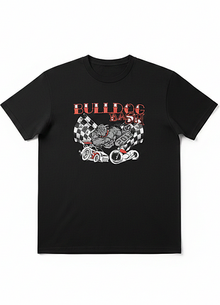 Футболка с надписью "bulldog bash" и перечнем музыкальных кружек на спине.