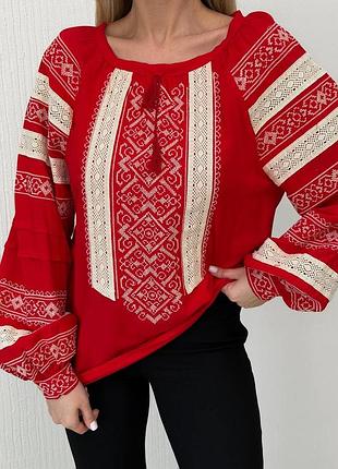 Вышиванка женская с сеткой красная