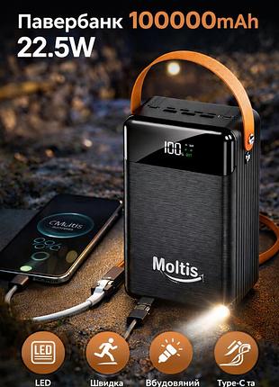Повербанк moltis 100000 mah 22.5w с быстрой зарядкой и встроенными кабелями 10112