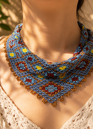 Літнє кольє хустка косинка з бісеру яскраве джинс ручна робота handmade бохо