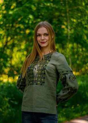 Женская вышиванка блуза лен с застежкой планка