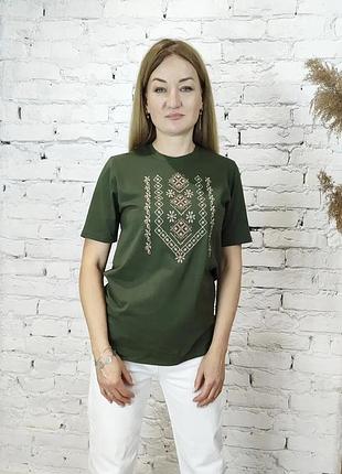 Женская футболка вышиванка цвета хаки xl