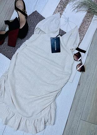 Нова лляна сукня plt l xl коротке плаття з льону літня сукня з розрізами бежеве плаття