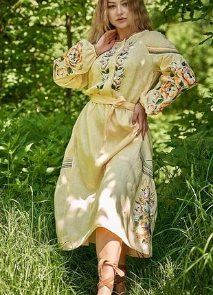 Платье вышиванка лен миди