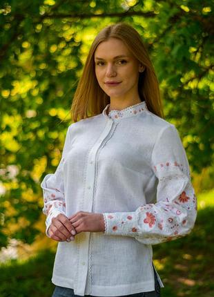 Женская вышиванка блуза лен белая