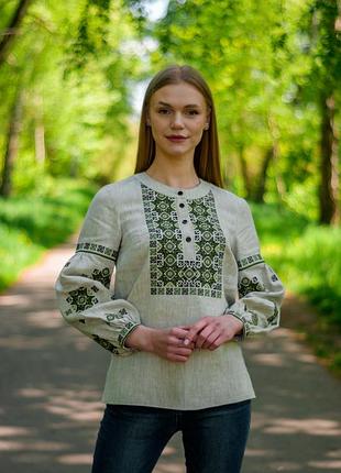 Женская вышиванка блуза лен с застежкой планка