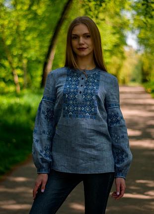 Женская вышиванка блуза джинс лен