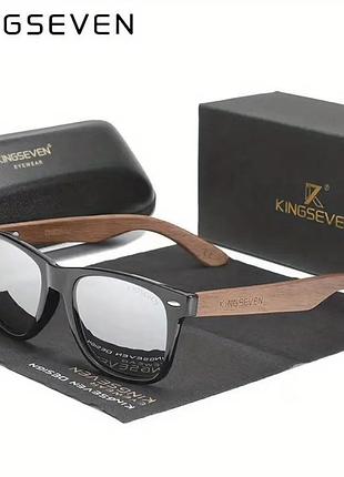 Брендовые мужские солнцезащитные поляризационные очки kingseven classic wood дзеркальні дужки дерево, высший уровень защиты uv400