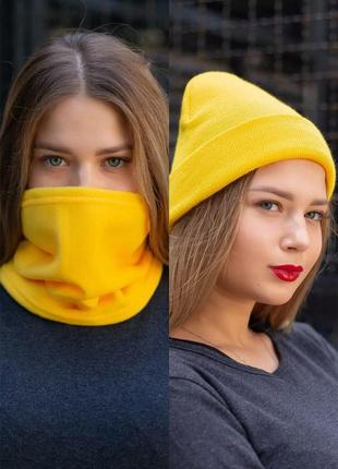 Желтый зимний комплект из шапки бини и баффа without1 фото