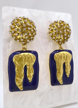 Розкішні сережки schiaparelli скіапареллі золоті з синьою емалью та камінцями позолота 18k